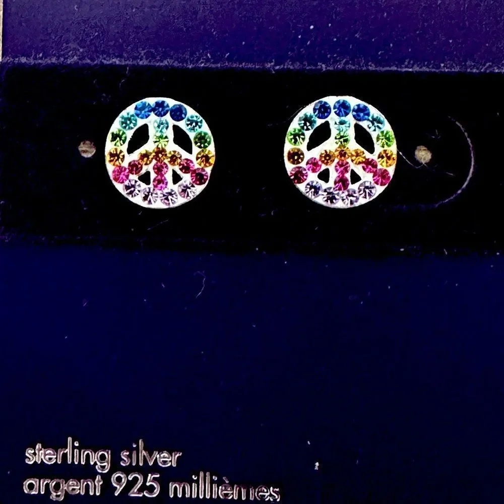Sterling Silver Rainbow Crystal Peace Sign Claire’s Stud Earrings